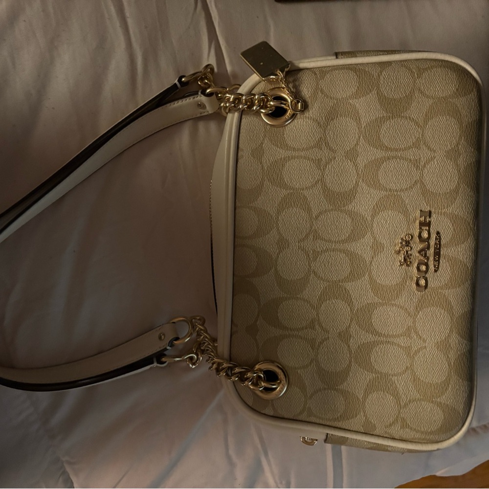 Coach Beige and White Signature Shoulder Bag